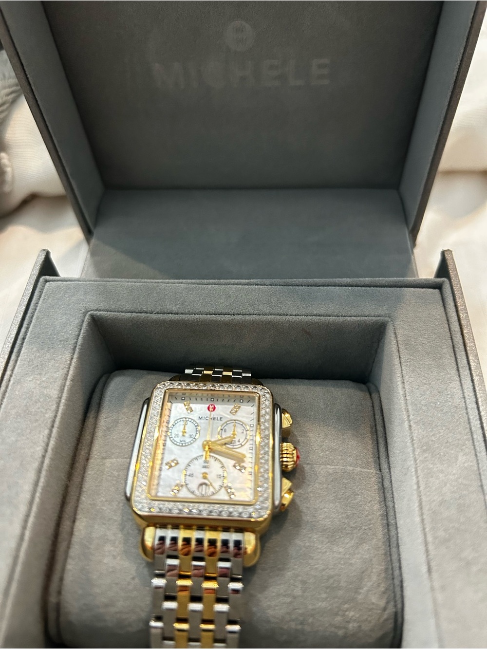 Michele Two-Tone Gold and Silver Diamond-Accent Deco Chronograph Watch - Picture 9 of 9